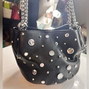 Black Studded Women's Bag with extendable silver chain